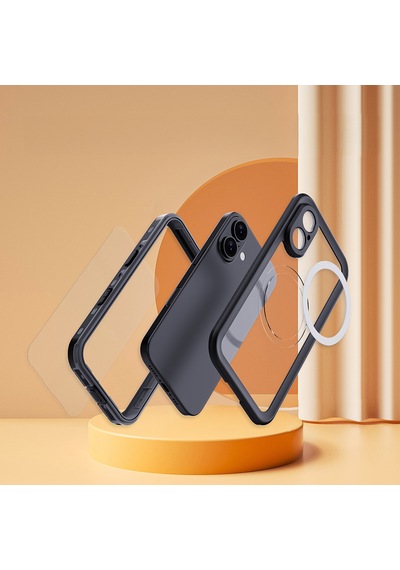 Apple Uyumlu İphone 16 Kılıf 360 Ön Ve Arka Koruyucu Su Geçirmez 1-1 Silikon 2mm Zırhlı Pc+tpu Kapak Siyah
