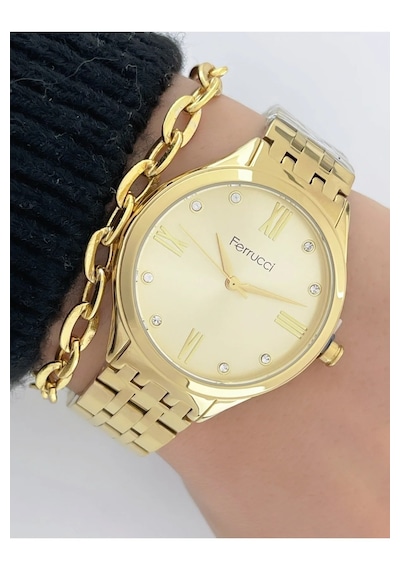 Ferrucci Gold Renk Çelik Şık Kadın Kol Saati+bileklik Hediye Gold