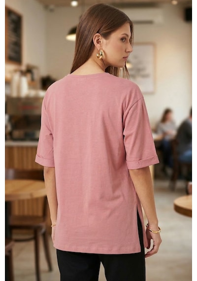 Armonika Kadın Gül Kurusu Yuvarlak Yaka Duble Kol Yanları Yırtmaçlı Pamuklu T-shirt Arm-26y137001 Armonika Kadın Gül Kurusu Yuvarlak Yaka Duble Kol Yanları Yırtmaçlı Pamuklu T-shirt Arm-26y137001