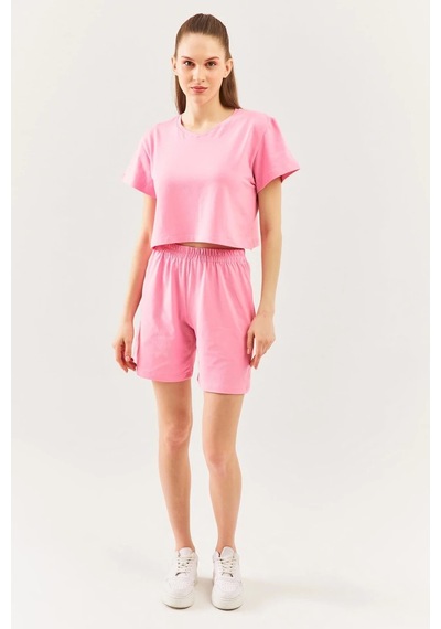 Kadın Rahat %100 Pamuklu Penye Bisiklet Yaka Kısa Kol Basic Crop T-shirt Pembe