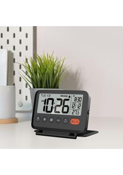 Plentiful Led Katlanır Dijital Saat Pilli Masa & Seyahat Tipi Alarm Takvim Isı Ölçer 10x8cm siyah