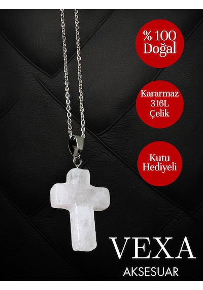 Kuvars Taşlı Haç Kolye - Kararmaz İthal Çelik Zincir - Özel Kutulu Hediyeli Gümüş