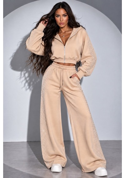 Hazego Kadın Taş Baskı Detaylı Fermuarlı Crop Sweatshirt Ve Geniş Paça Eşofman Takımı Bej