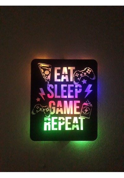 Oyun Odasının Kalbi - Eat Sleep Game Repeat Gamer Işıklı Duvar Dekorasyonu 40x30 Cm