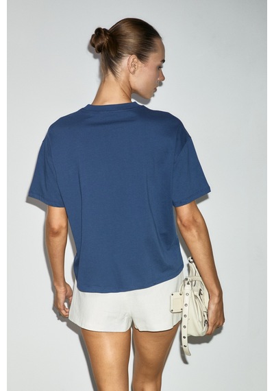 Grımelange Cascaıs Kadın %100 Organik Pamuklu Patch Detaylı Regular Fit Lacivert T-shirt