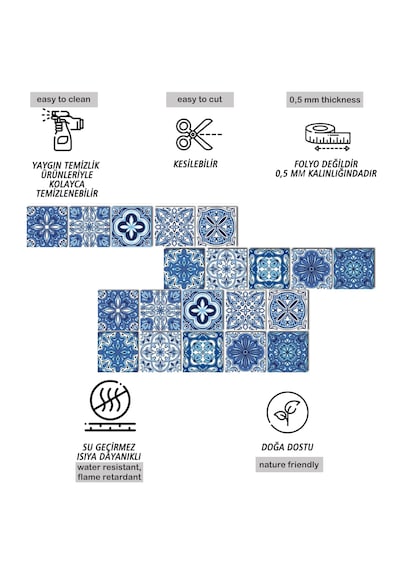 Kendinden Yapışkanlı Mavilim Desenli Pvc Karo 10x10 Cm 5 Li Paket
