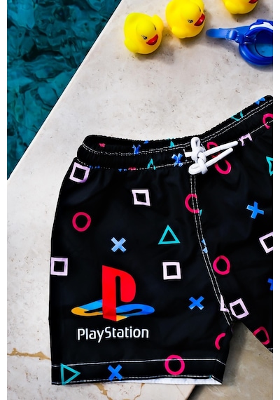 Mayom Erkek Çocuk Playstation Geometrik Baskılı Bel Bağcıklı Deniz Şortu-siyah Siyah