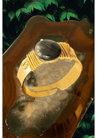 Sertifikalı Kalın Tımbıl Gold Model Şungit - Shungite Taşı Yüzük Çok Renkli