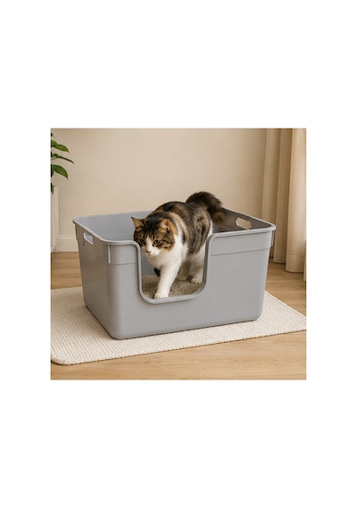 Pribor Yüksek Kenarlı Yarı Açık Kedi Tuvaleti, Geniş Ve Kolay Temizlenebilir 54 X 40 X 32 Cm Gri