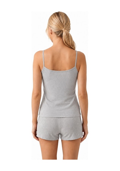 Cottonill Premium - Neat Collection Gri Dantel Detaylı Rib Dokulu Modal Viskon Kadın Şortlu Pijama Takımı