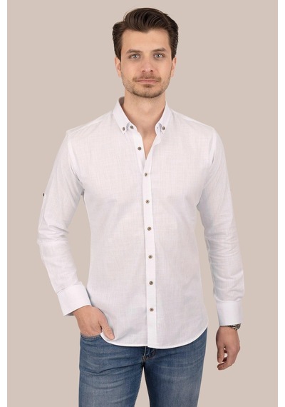 Beyaz Yaka Düğmeli Keten Slimfit Hediye Kutulu Erkek Gömlek Beyaz