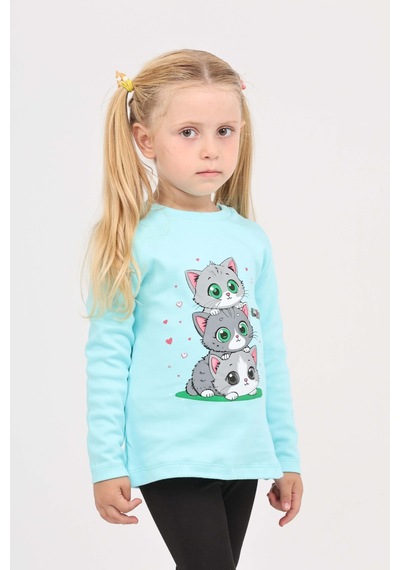 Toontoy Kız Çocuk Üçlü Kedi Baskılı Sweatshirt Turkuaz