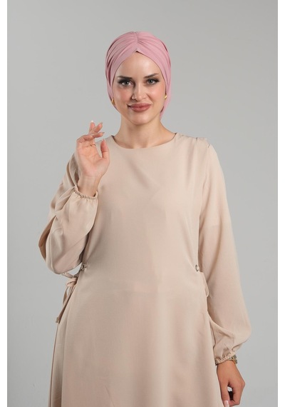 Hürrem Bone Pudra Pratik Hazır Geçmeli Tesettür Bone Sandy Büzgülü Salaş 2119 06 Pudra