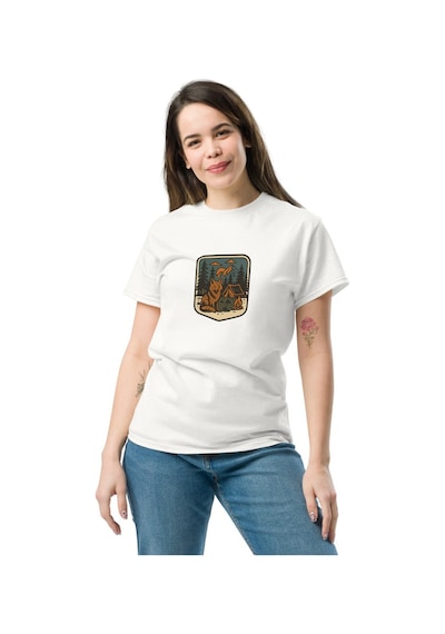 Wildstyle Tilki Renkli Vintage Yaban Hayat Doğa Orman Rozet Baskılı Unisex Bisiklet Yaka Pamuklu Tişört Beyaz