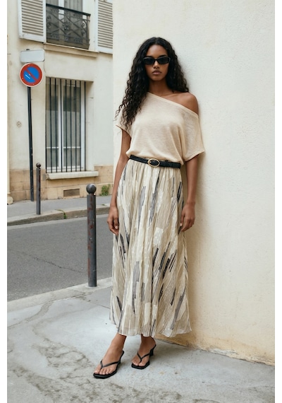 Sateen Desenli Kloş Etek - Bej-137640