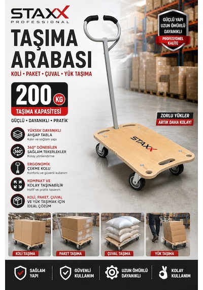 Staxx 200 Kg Platform Taşıma Arabası Katlanır Ahşap Yük Arabası Buzdolabı Koli Taşıma Arabası