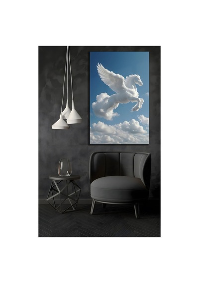Kanatlı At Pegasus Gökyüzü Tablo Mavi Bulutlar Ve Beyaz At Dekoratif Cam Tablo Modern Premium Duvar Dekoru Uv Baskı
