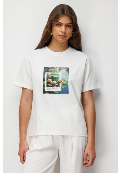 Mizalle Monet Water Lilies Baskılı Suprem Beyaz T-shirt