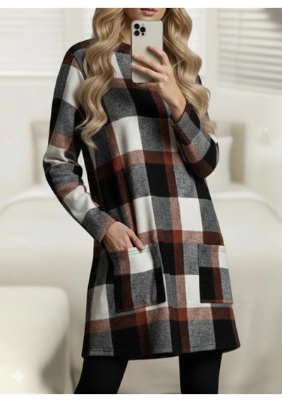 Valensdesign Kadın Uzun Kollu Yarı Balıkçı Yakalı Cep Detaylı Ekoseli Dokuma Tunik Desenli Valensdesign Kadın Uzun Kollu Yarı Balıkçı Yakalı Cep Detaylı Ekoseli Dokuma Tunik Desenli