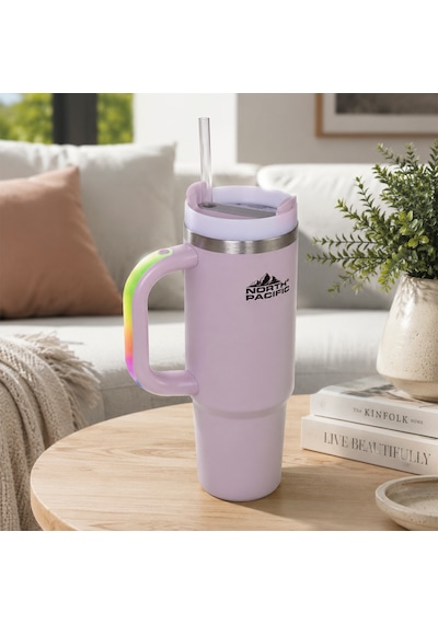 Led Işıklı Kulplu Pipetli Termos - 900 Ml Mor