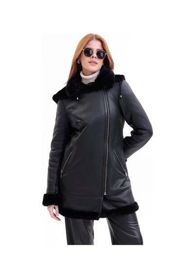 M M Marki Marki Hakiki Deri Kadın Kaban Siyah İçi Kürklü Çıkma Kapüşonlu Yakalı Fermuarlı 80 Cm - 120722
