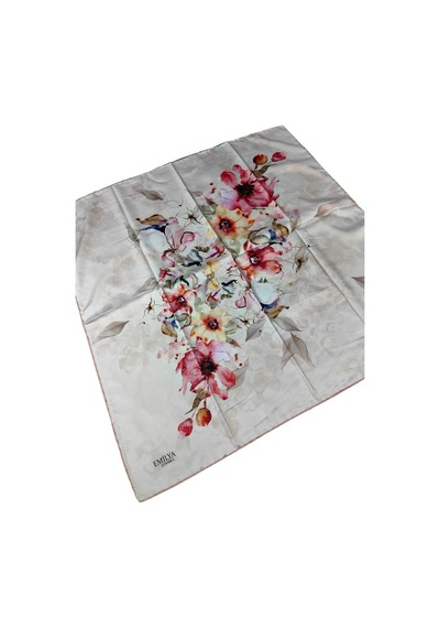 Mim Eşarp Emilya Rayon Çiçek Desenli Eşarp 90x90 Cm Beyaz - Gül Kurusu