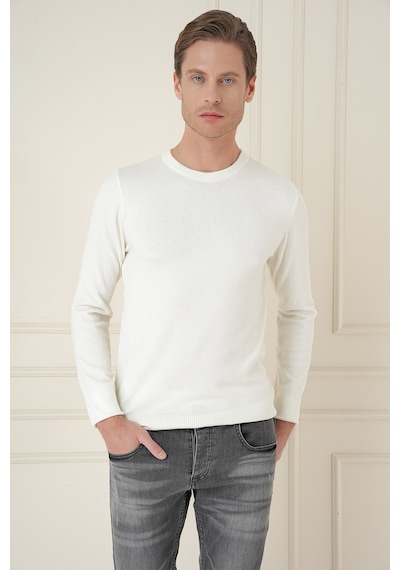 Slim Fit Ribanalı Düz Ekru Yünlü Bisiklet Yaka Triko Kazak Tr 900