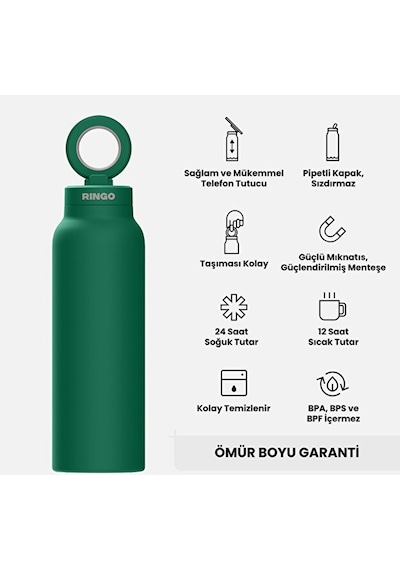 Ringo Pro Pipetli, Telefon Tutuculu Termal Çelik Termos 710 Ml Yeşil