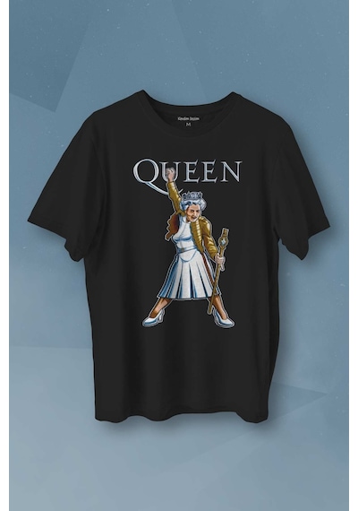Baskılı Siyah T-shirt Queen Kraliçe Elizabeth The Crown Unisex Tişört 001