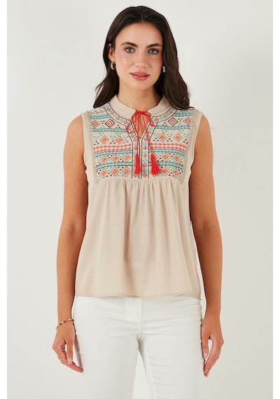 Lela Pamuklu Regular Fit Nakış Işlemeli Bayan Bluz 611Bz0249 Bej