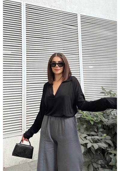 WeShaya Kadın Siyah Polo Yaka Basic Bluz, Uzun Kol, Regular Kesim, Günlük Ve Spor Sweatshirt Siyah