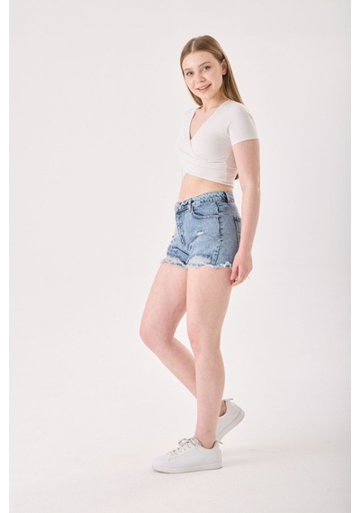 Eseclass Modern Kesim Yüksek Bel Püskül Paça Denim Şort Açık Mavi Açık Mavi