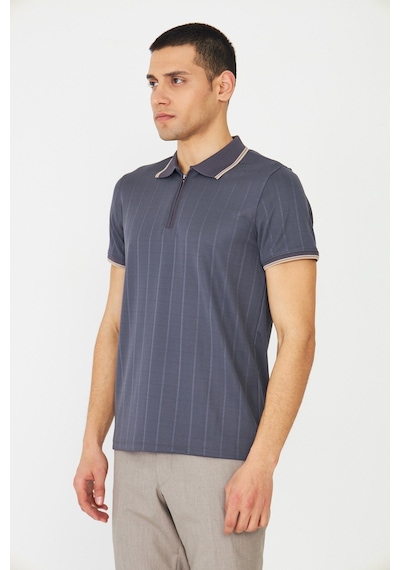 Gri Fermuarlı Polo Yaka Erkek T-shirt Füme