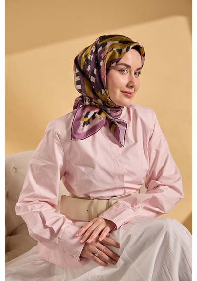 Silk Home Twill İpek Eşarp Şerit Yağ Yeşili Çok Renkli