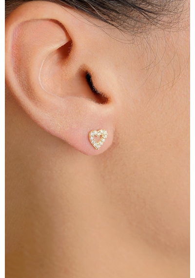 Fiyonk Kuyumculuk 14 Ayar Altın Swarovski Taşlı Kalp Küpe 001