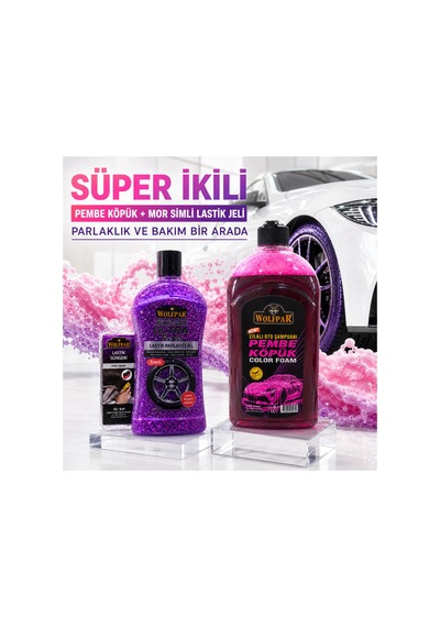 Süper İkili Pembe Köpük Oto Şampuanı + Mor Simli Lastik Parlatıcı Jel Ve Lastik Süngeri Seti