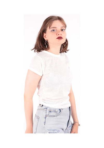 Busem S0016230 Kadın Flamlı İnce T-shirt Beyaz