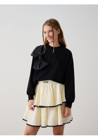 Kız Çocuk Taşlı Büyük Fiyonk Detaylı Sweatshirt-14782 Siyah
