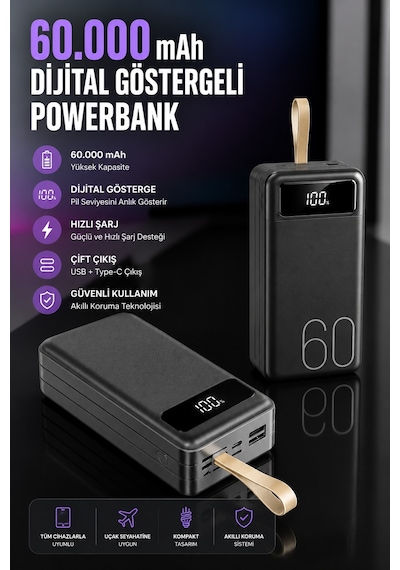 Powerbank 60.000 Mah Hızlı Şarj 4 Çıkışlı Uzun Şarj Süreli Dijital Göstergeli Sarı 74780027