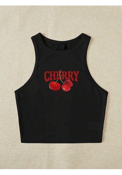 Afri Kadın Siyah "Cherry" Baskılı Kolsuz Crop Atlet - Yazlık Sokak Stili Siyah
