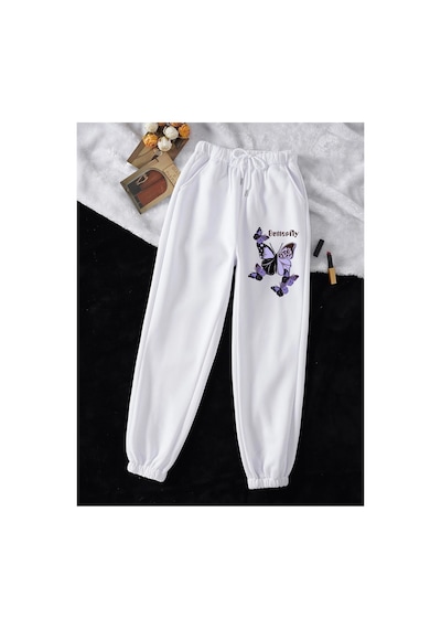 Tarzsokak Butterfly & Letter Graphic Drawstring Waist 4 Mevsim Eşofman Beyaz