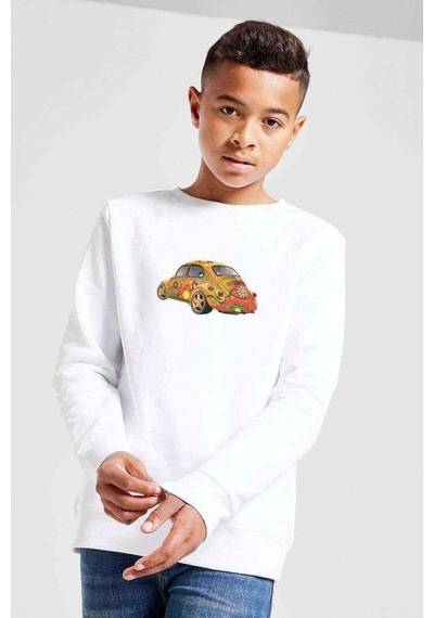 Tshirthane Renkli Baskılı Vosvos Tosbağa Baskılı Unisex Çocuk Beyaz Sweat Beyaz