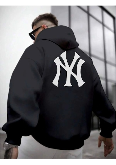 Startmore Erkek Beyaz Ön Arka Ny Baskılı Kapüşonlu Sweatshirt Onarkanysweatshirt Siyah