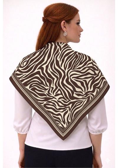 Tarzını Seç Kahverengi Zebra Fular / Bandana / Aksesuar / Eşarp 90x90 Cm