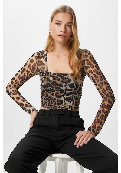 Ritnice Kadın Alina Korse Görünümlü Leopar Tül Crop Bluz LEOPAR