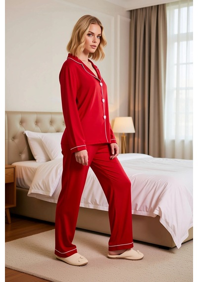 Benerly Kadın Gömlek Yaka Standart Kol Regular Kalıp Dokuma Pijama Takımı bordo