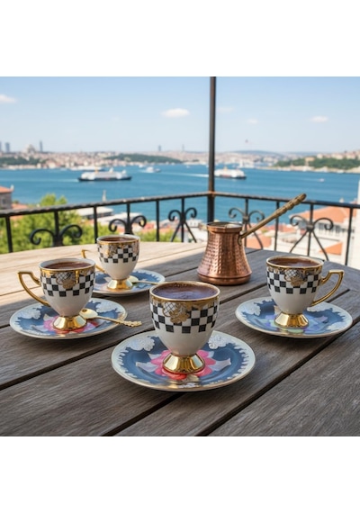 6 Kişilik Ayaklı Porselen Türk Kahvesi Fincan Takımı - Siyah Beyaz Damalı Ve Gold Varaklı, Renkli Çiçek Desenli Tabaklı 12 Parça Lüks Sunum Seti Çok Renkli 6 Kişilik Ayaklı Porselen Türk Kahvesi Fincan Takımı - Siyah Beyaz Damalı Ve Gold Varaklı, Renkli Çiçek Desenli Tabaklı 12 Parça Lüks Sunum Seti Çok Renkli