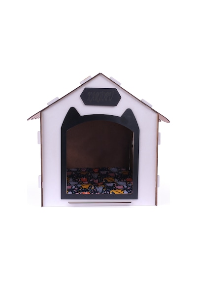 Ahşap Özel İsim Baskılı Dekoratif Kedi Evi-kulübesi, Kediler İçin Kulübe, Kedi Kulübesi Beyaz-siyah
