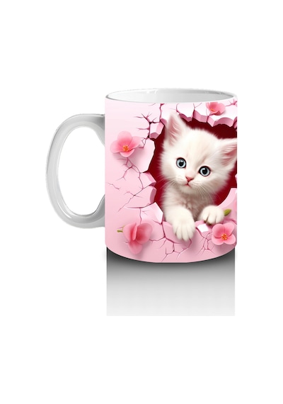 Pembe Çiçekli Arka Planda Sevimli Kedi Çifti - Baskılı Kahve Kupası Renkli