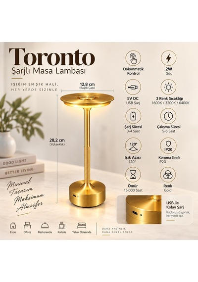 Toronto Şarjlı Dokunmatik Masa Lambası 2w 3 Renk Işık, Usb Şarjlı Gold Led Masa Lambası, Ev, Kafe, Restoran Diğer